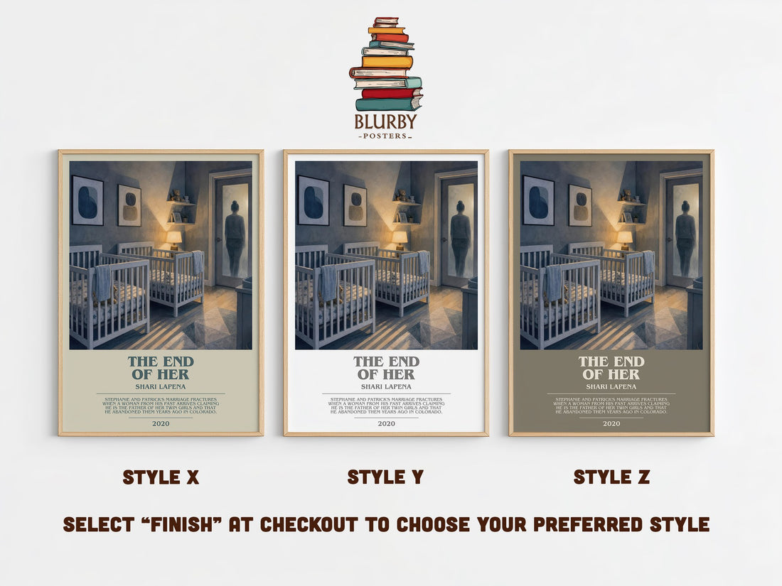 The End of Her bookish print in frame leaning in hallway – thriller wall art (mockup)