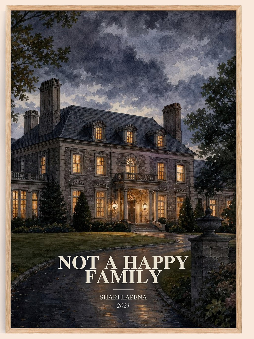 Not a Happy Family watercolour book poster by Shari Lapena – framed literary art print