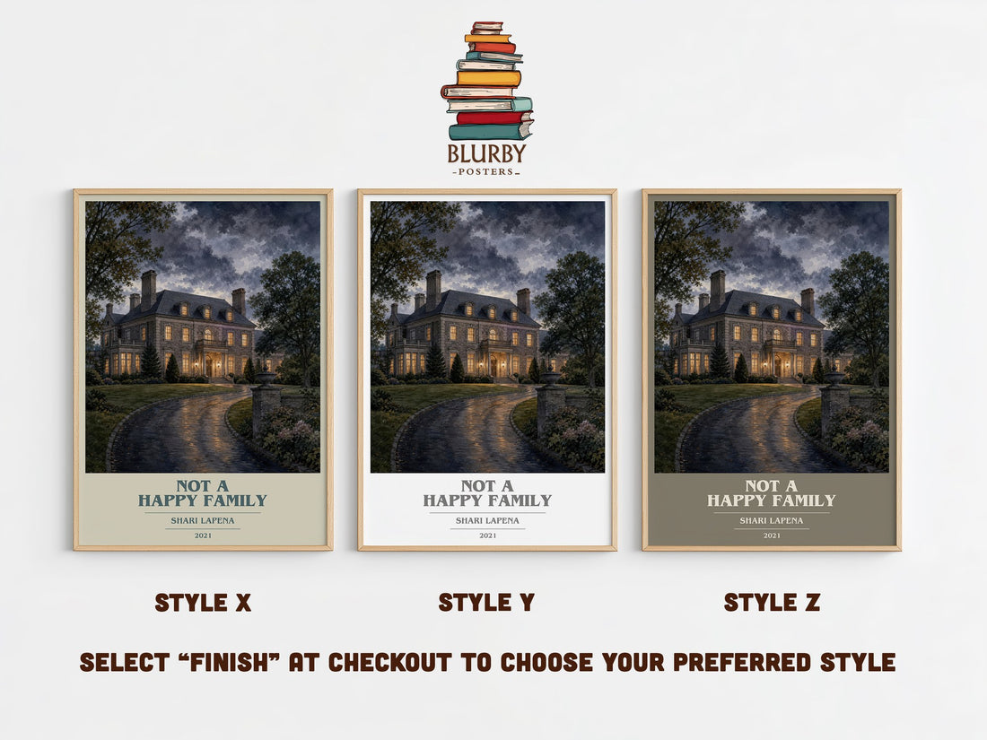 Not a Happy Family book cover print in frame leaning in hallway – thriller wall art (mockup)