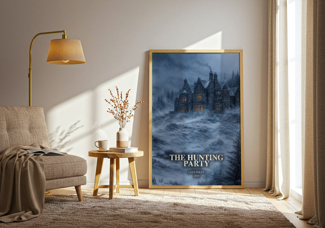 The Hunting Party watercolour print in frame leaning in hallway – thriller wall art (mockup)