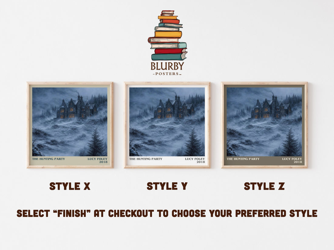 The Hunting Party literary print in frame leaning in hallway – thriller wall art (mockup)