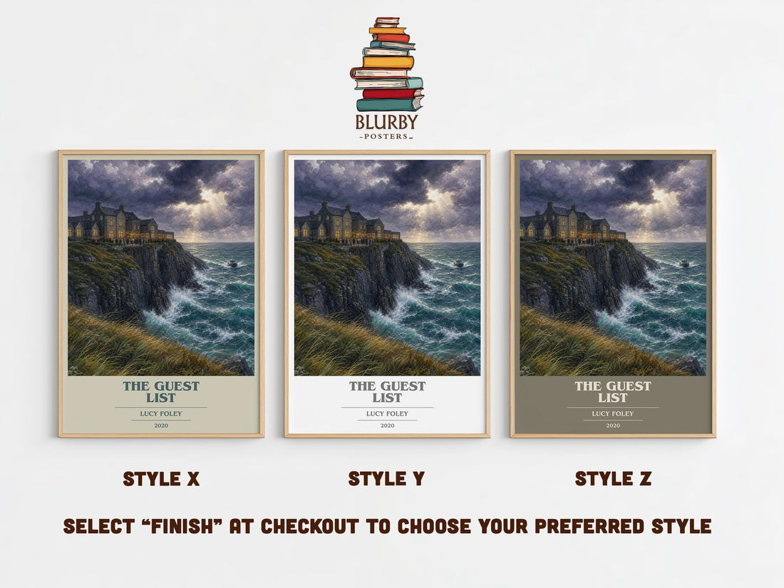 The Guest List book cover print in frame leaning in hallway – thriller wall art (mockup)