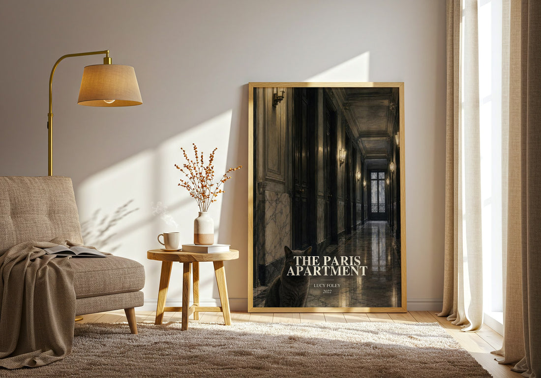The Paris Apartment watercolour print in frame leaning in hallway – thriller wall art (mockup)