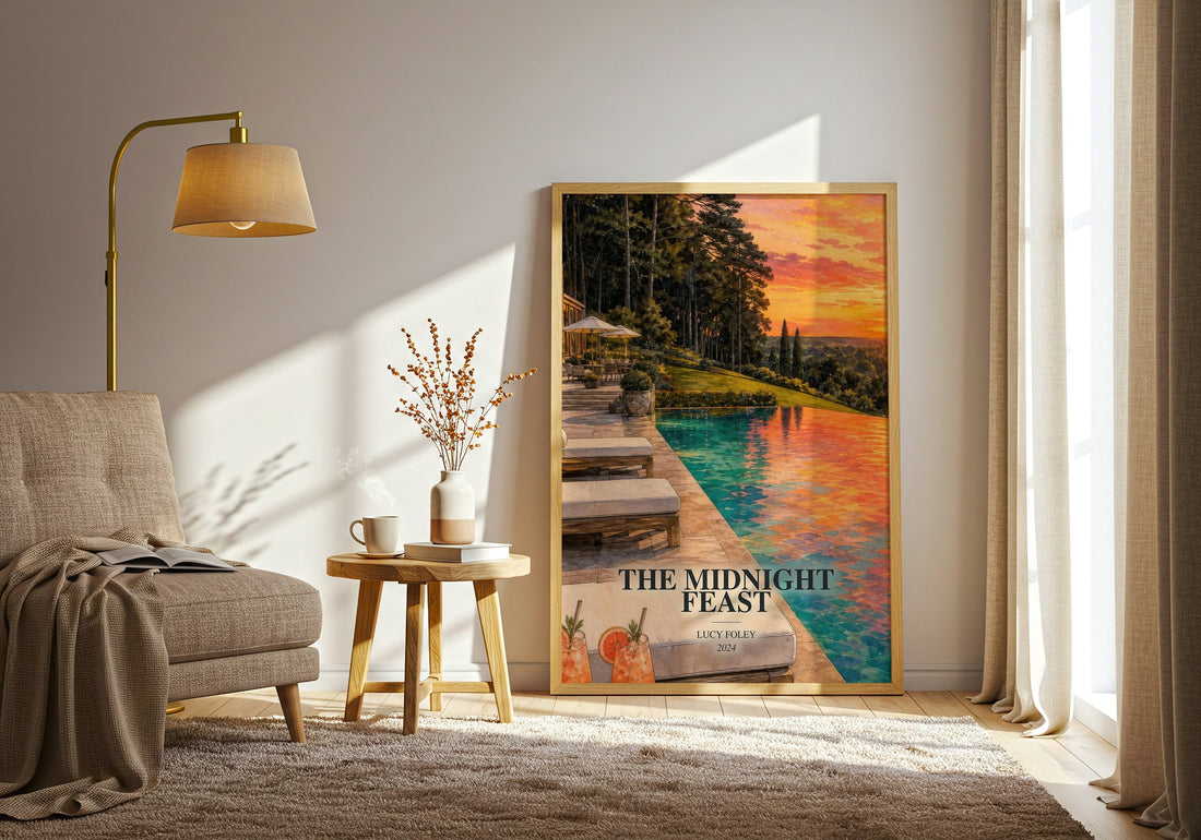 The Midnight Feast watercolour print in frame leaning in hallway – thriller wall art (mockup)