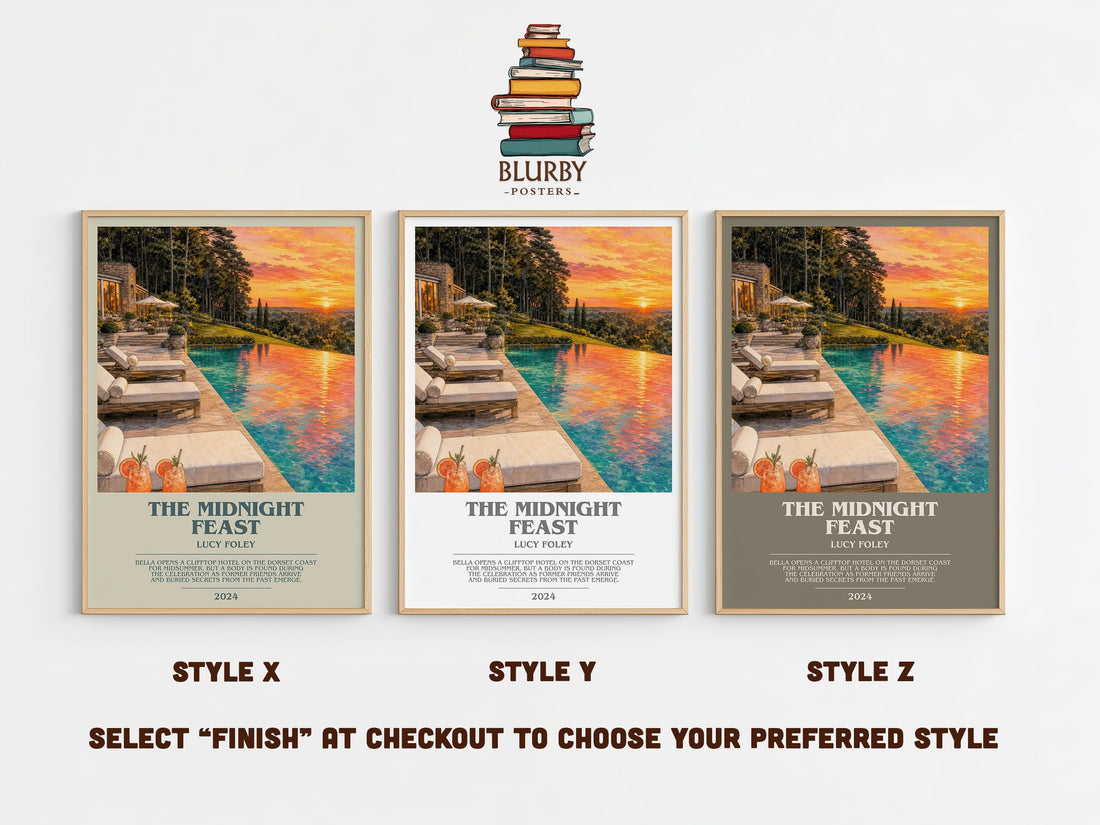 The Midnight Feast bookish print in frame leaning in hallway – thriller wall art (mockup)