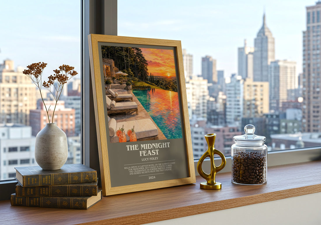 The Midnight Feast bookish print framed by window – literary home decor