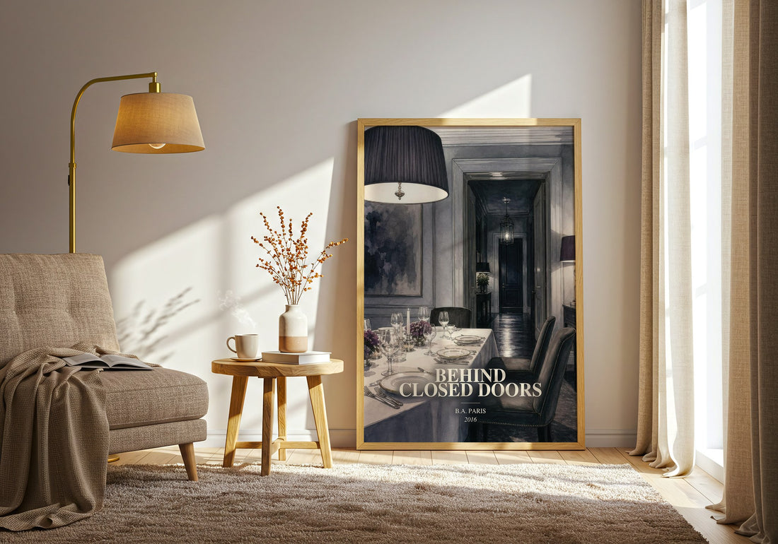Behind Closed Doors watercolour print in frame leaning in hallway – thriller wall art (mockup)