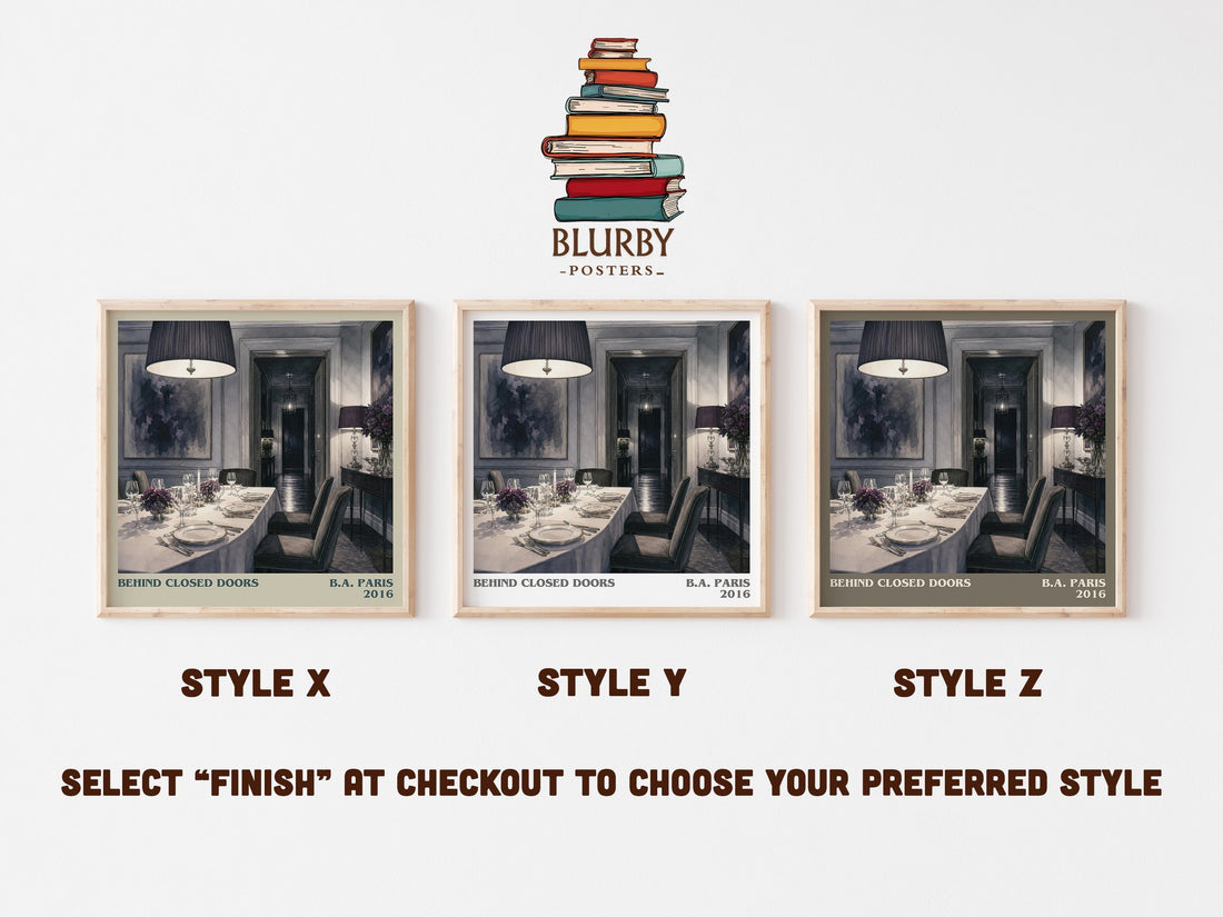 Behind Closed Doors literary print in frame leaning in hallway – thriller wall art (mockup)