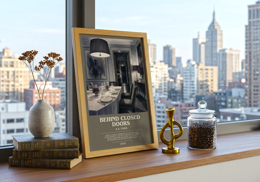 Behind Closed Doors bookish print framed by window – literary home decor