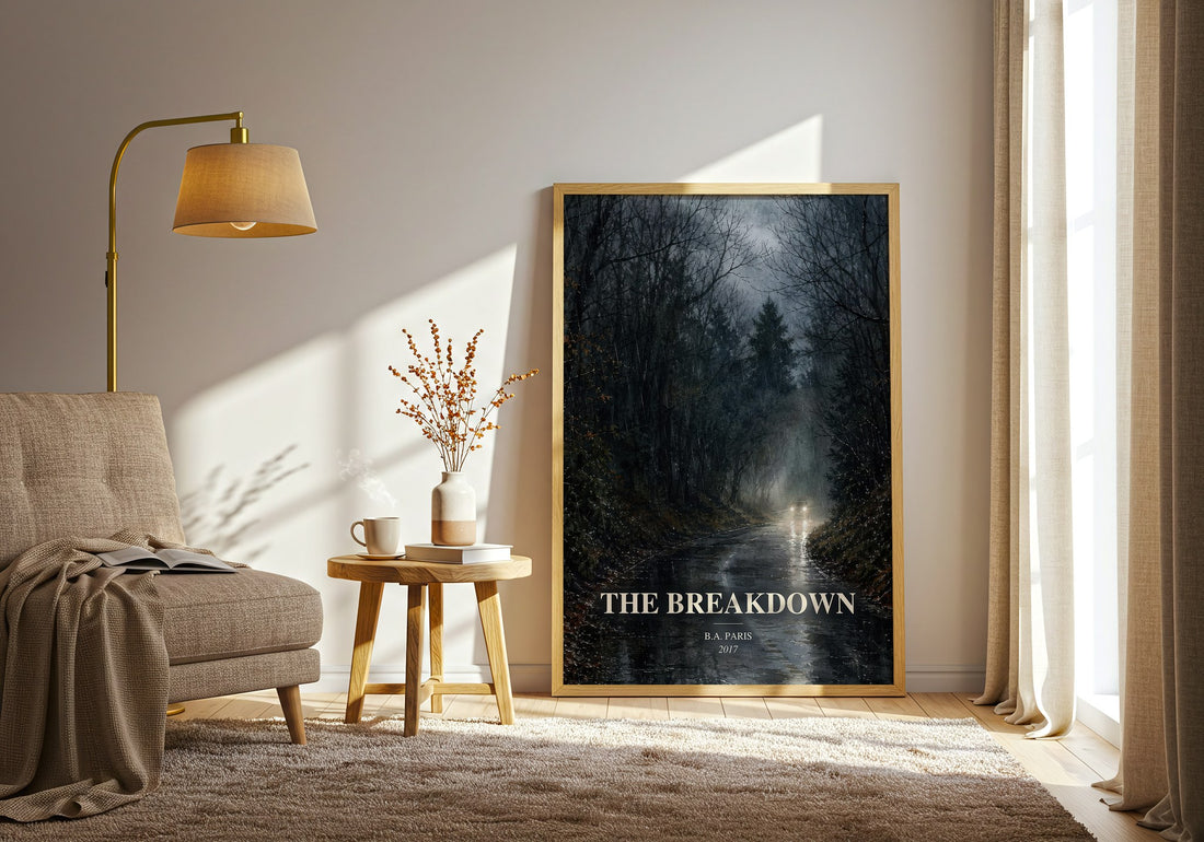 The Breakdown watercolour print in frame leaning in hallway – thriller wall art (mockup)
