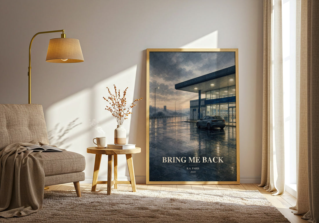 Bring Me Back watercolour print in frame leaning in hallway – thriller wall art (mockup)