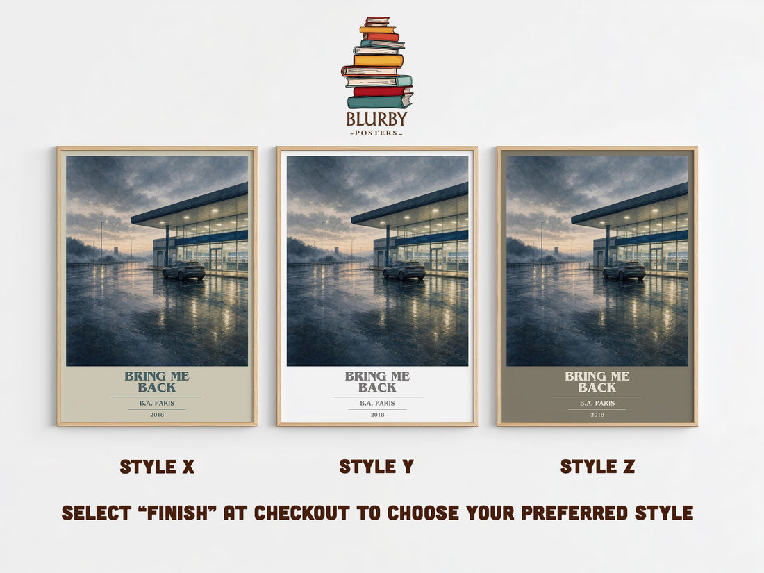 Bring Me Back book cover print in frame leaning in hallway – thriller wall art (mockup)