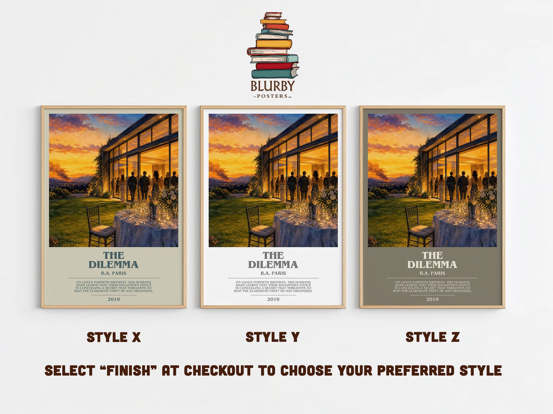 The Dilemma bookish print in frame leaning in hallway – thriller wall art (mockup)