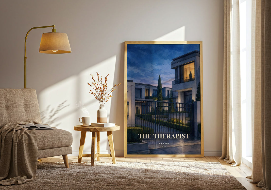 The Therapist watercolour print in frame leaning in hallway – thriller wall art (mockup)