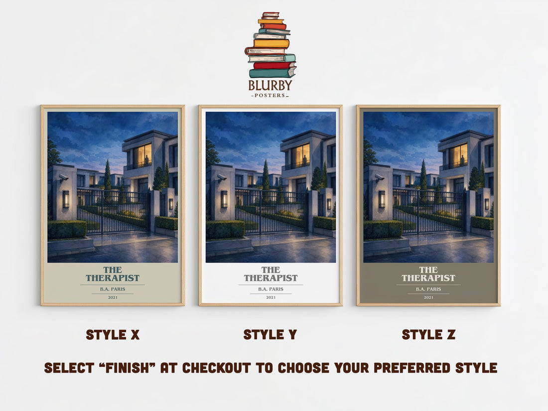 The Therapist book cover print in frame leaning in hallway – thriller wall art (mockup)