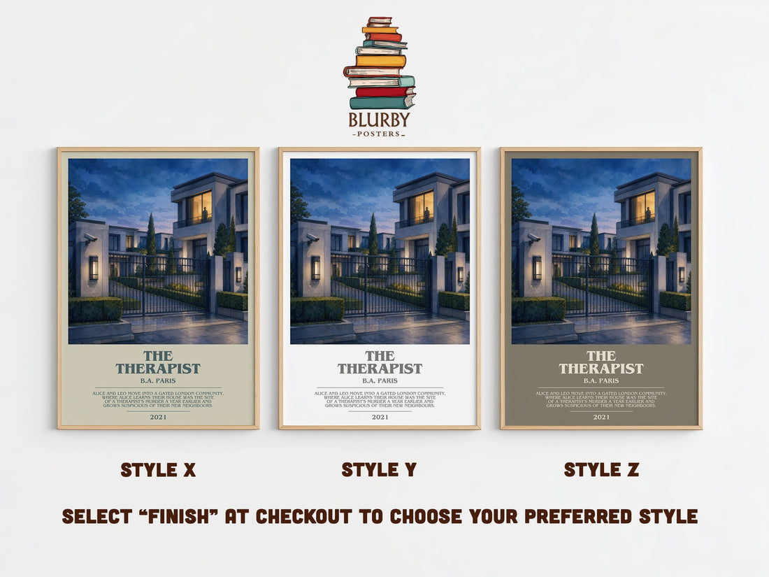The Therapist bookish print in frame leaning in hallway – thriller wall art (mockup)