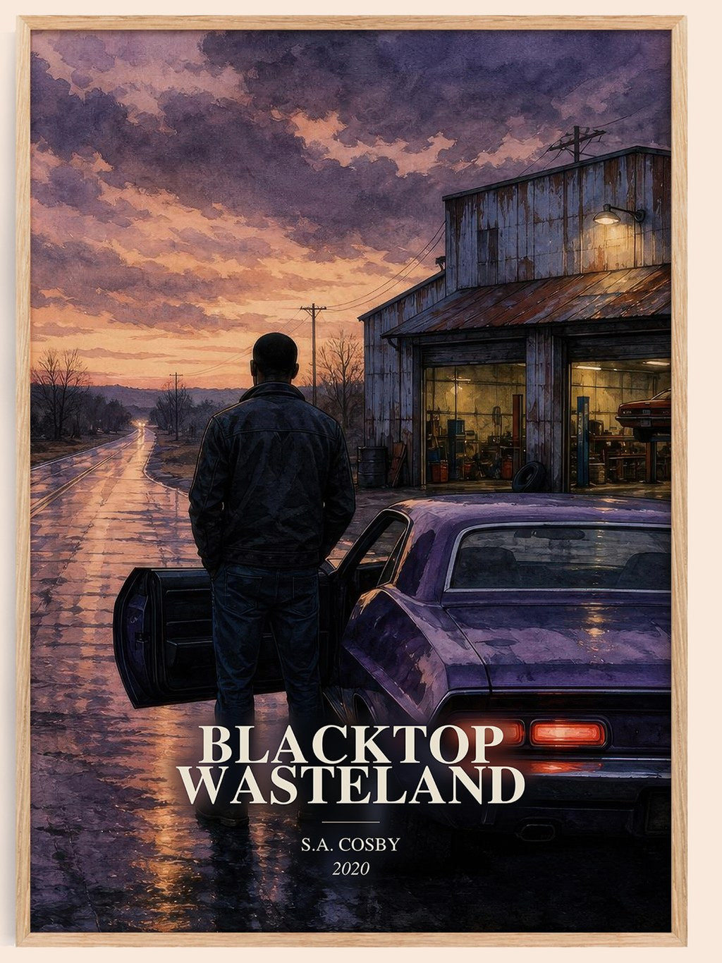 Blacktop Wasteland watercolour book poster by S.A. Cosby – framed literary art print