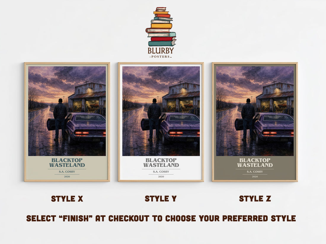 Blacktop Wasteland book cover print in frame leaning in hallway – crime wall art (mockup)