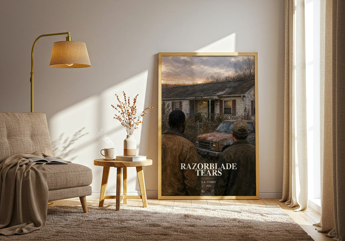 Razorblade Tears watercolour print in frame leaning in hallway – crime wall art (mockup)