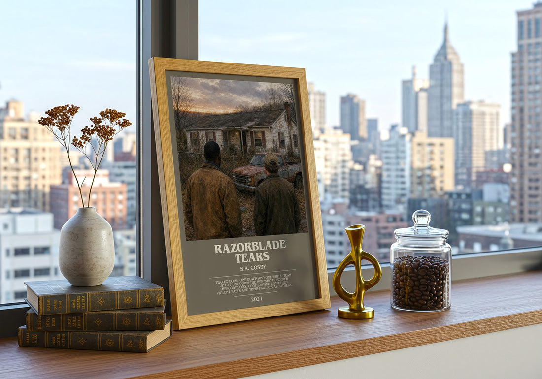 Razorblade Tears bookish print framed by window – literary home decor