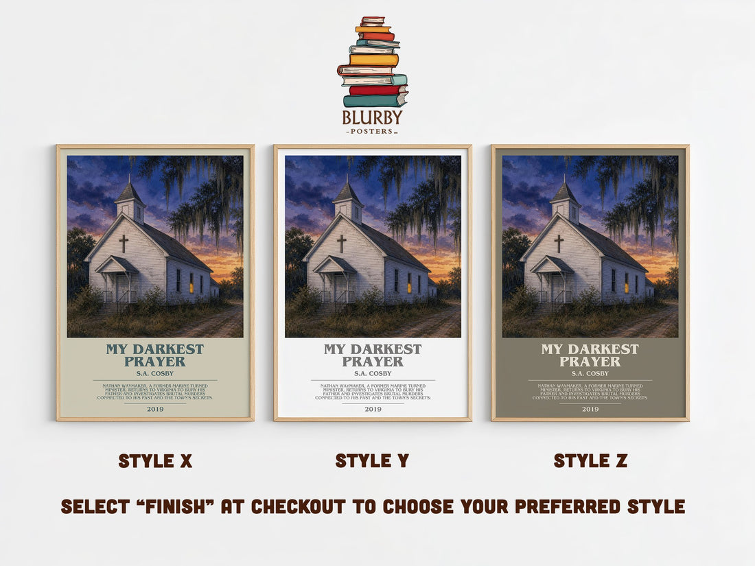 My Darkest Prayer bookish print in frame leaning in hallway – crime wall art (mockup)