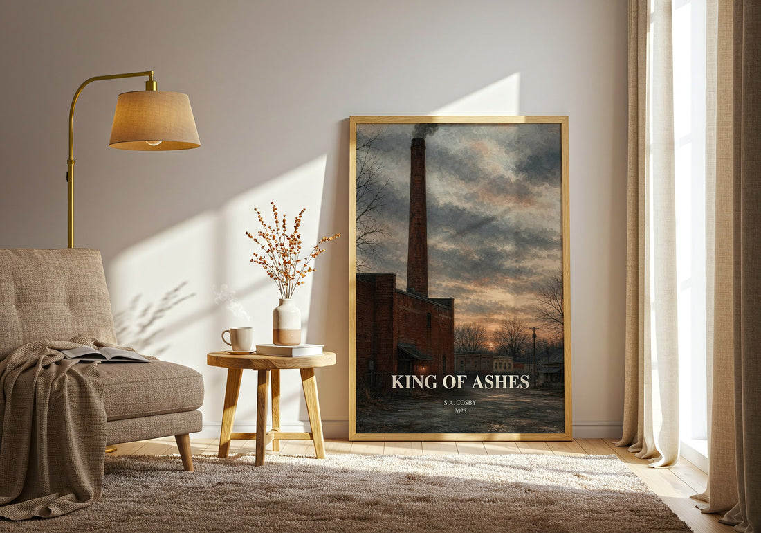 King of Ashes watercolour print in frame leaning in hallway – crime wall art (mockup)
