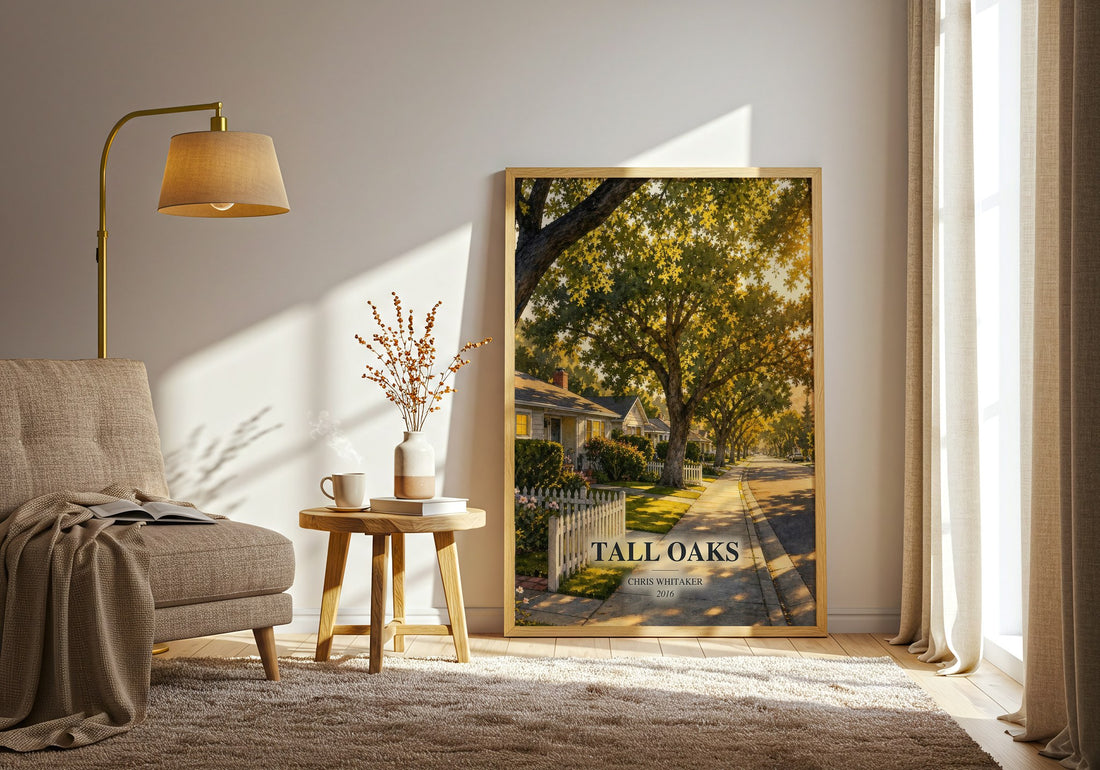 Tall Oaks watercolour print in frame leaning in hallway – thriller wall art (mockup)