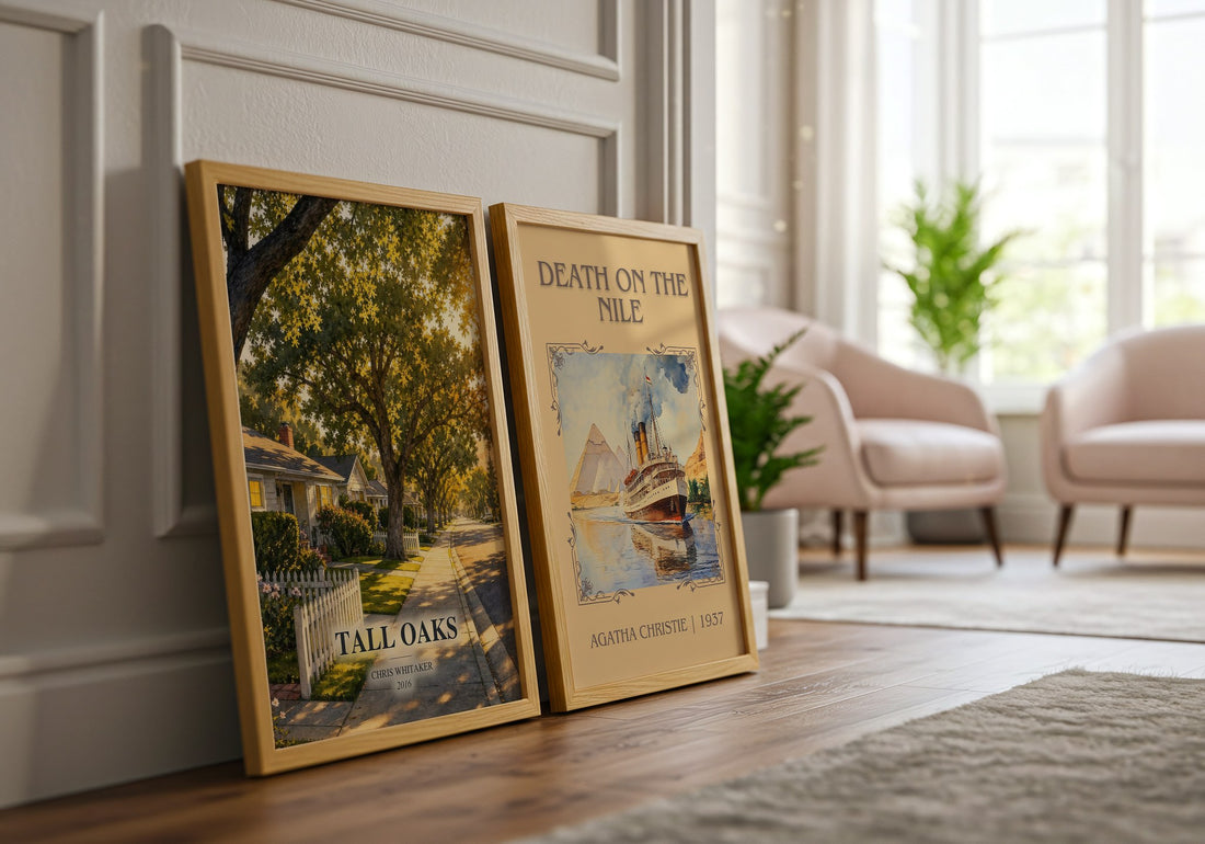 Tall Oaks watercolour print framed by window – literary home decor
