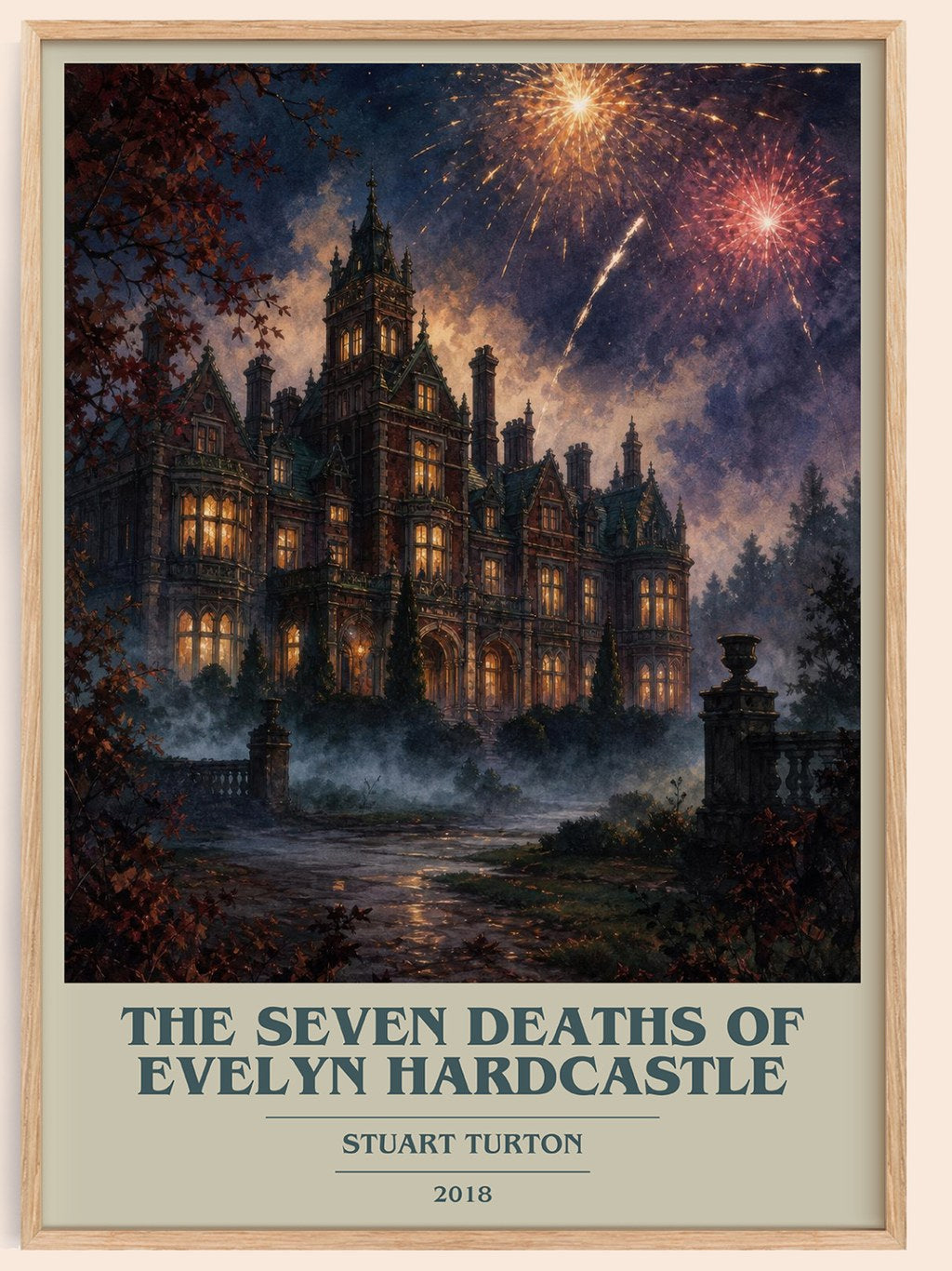 The Seven Deaths of Evelyn Hardcastle book cover book poster by Stuart Turton – framed literary art print