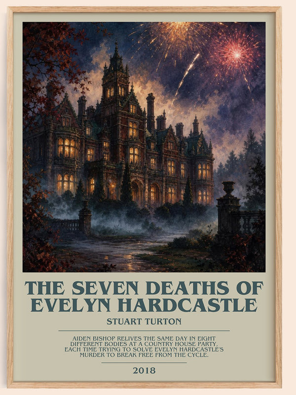 The Seven Deaths of Evelyn Hardcastle bookish book poster by Stuart Turton – framed literary art print