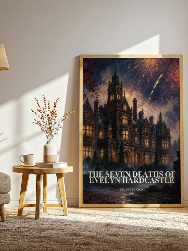 The Seven Deaths of Evelyn Hardcastle watercolour print in frame leaning in hallway – mystery wall art