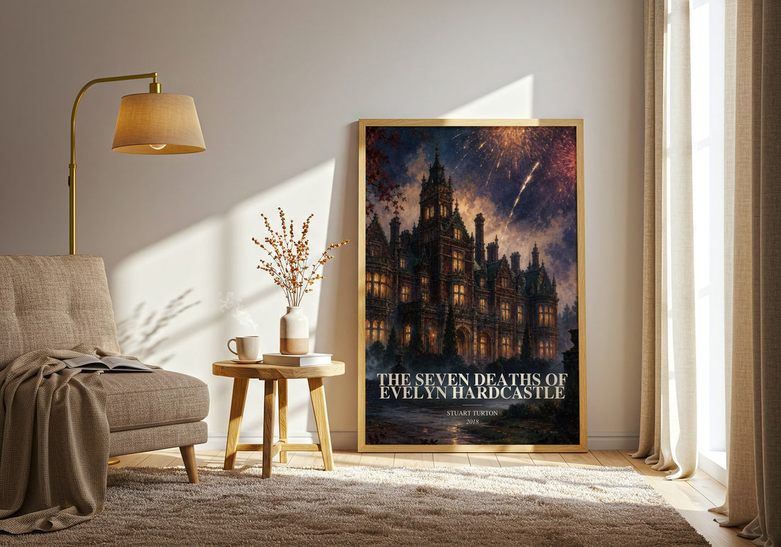 The Seven Deaths of Evelyn Hardcastle watercolour print in frame leaning in hallway – mystery wall art (mockup)