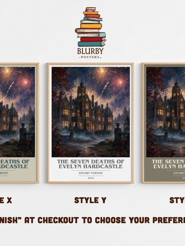 The Seven Deaths of Evelyn Hardcastle book cover print in frame leaning in hallway – mystery wall art