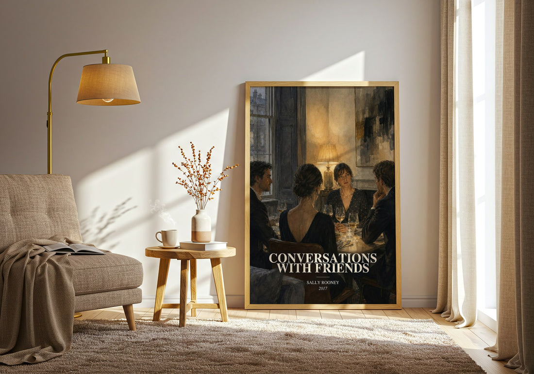 Conversations with Friends watercolour print in frame leaning in hallway – literary fiction wall art (mockup)