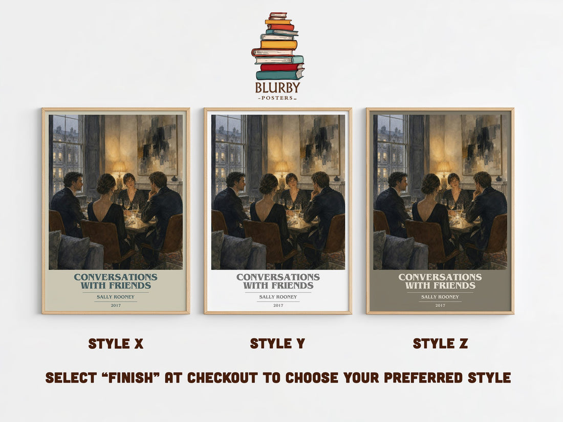 Conversations with Friends book cover print in frame leaning in hallway – literary fiction wall art (mockup)