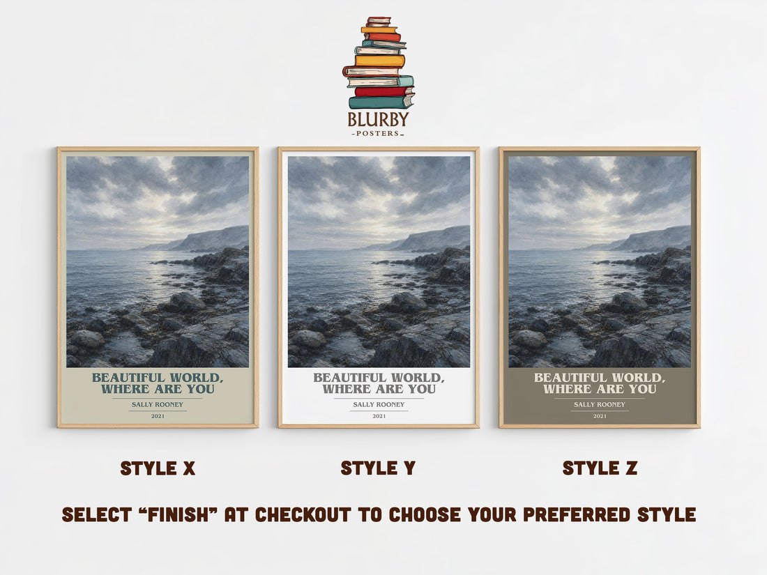 Beautiful World, Where Are You book cover print in frame leaning in hallway – contemporary fiction wall art (mockup)
