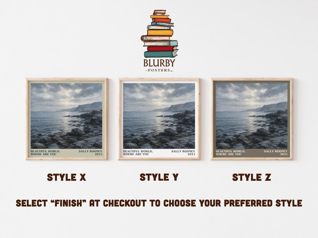 Beautiful World, Where Are You literary print in frame leaning in hallway – contemporary fiction wall art (mockup)