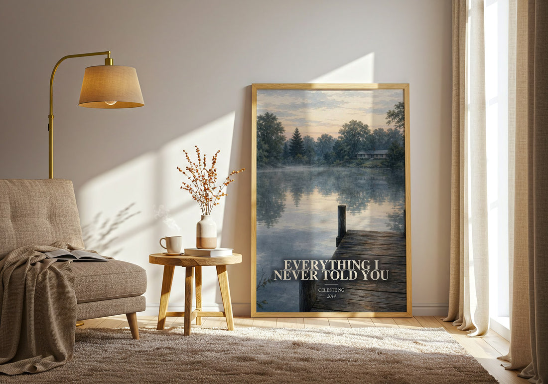 Everything I Never Told You watercolour print in frame leaning in hallway – contemporary fiction wall art (mockup)