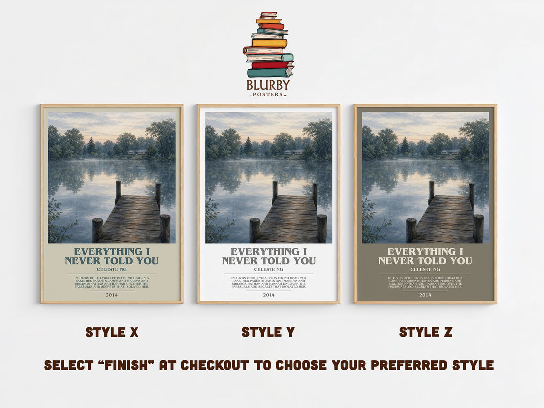 Everything I Never Told You bookish print in frame leaning in hallway – contemporary fiction wall art (mockup)