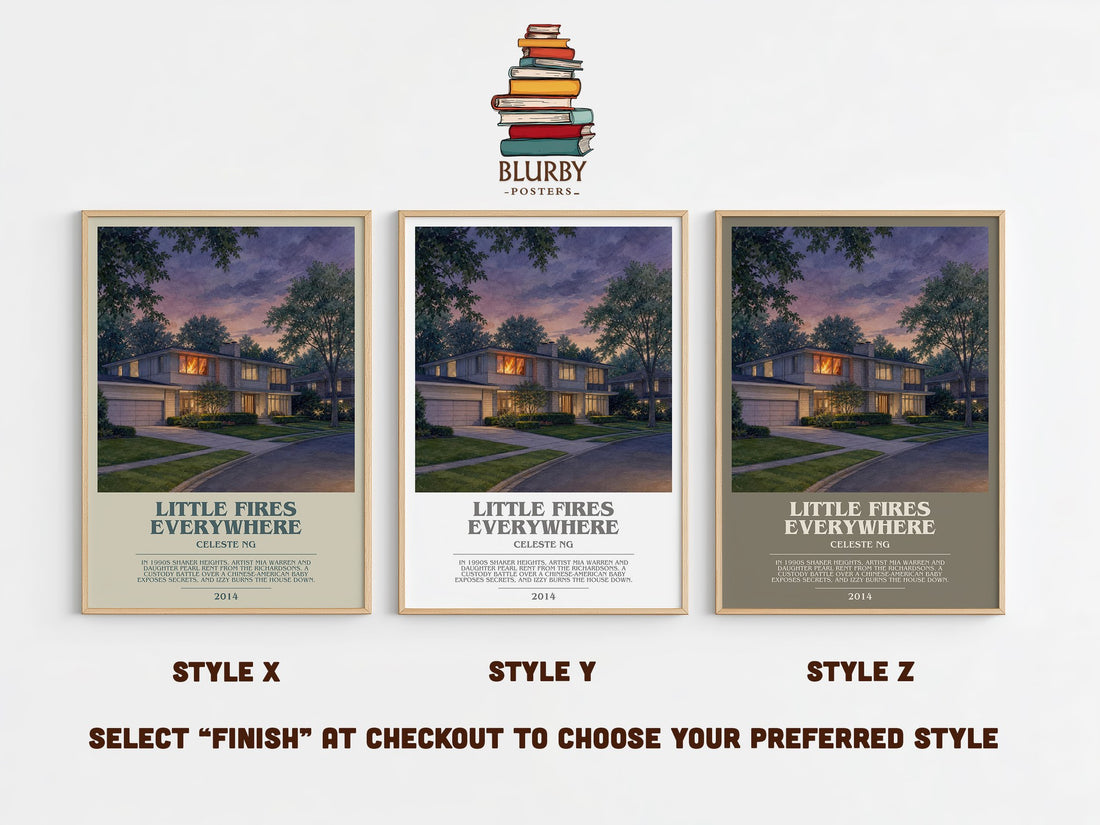 Little Fires Everywhere bookish print in frame leaning in hallway – contemporary fiction wall art (mockup)