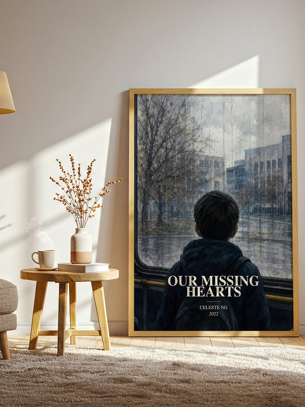 Our Missing Hearts watercolour print in frame leaning in hallway – dystopian wall art