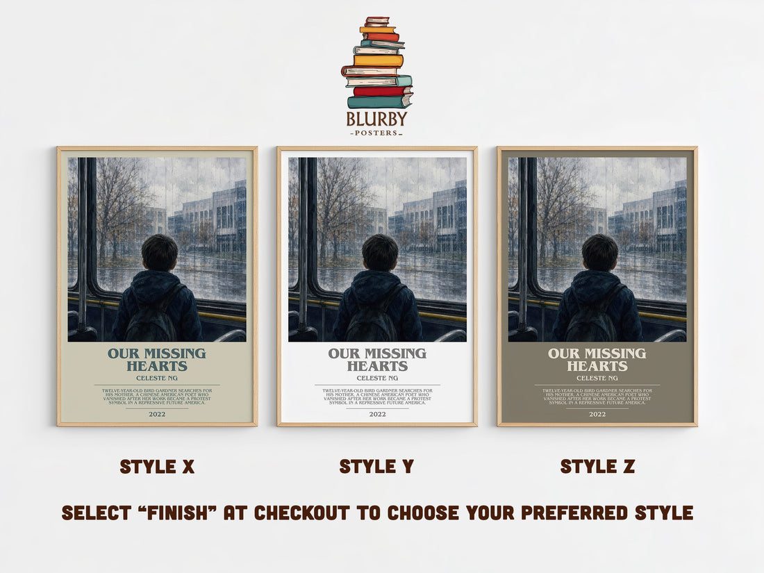Our Missing Hearts bookish print in frame leaning in hallway – dystopian wall art (mockup)