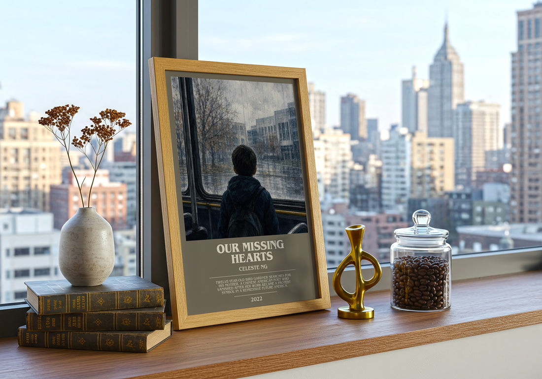 Our Missing Hearts bookish print framed by window – literary home decor
