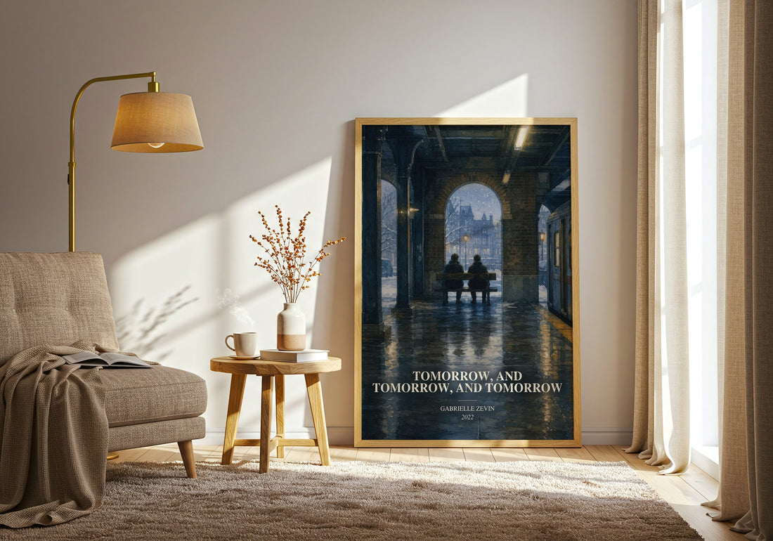 Tomorrow, and Tomorrow, and Tomorrow watercolour print in frame leaning in hallway – contemporary fiction wall art (mockup)