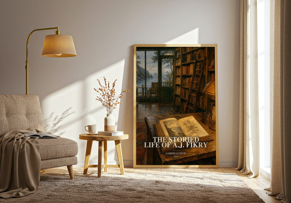 The Storied Life of A.J. Fikry watercolour print in frame leaning in hallway – contemporary fiction wall art (mockup)