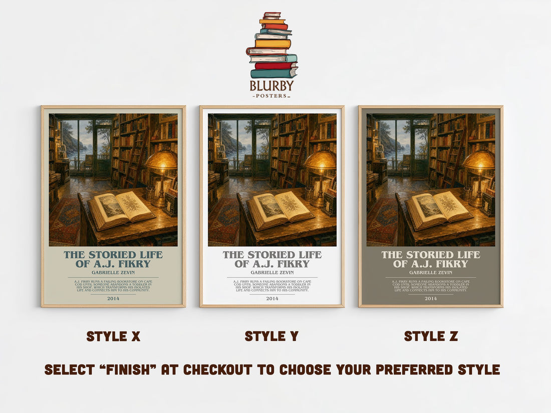 The Storied Life of A.J. Fikry bookish print in frame leaning in hallway – contemporary fiction wall art (mockup)