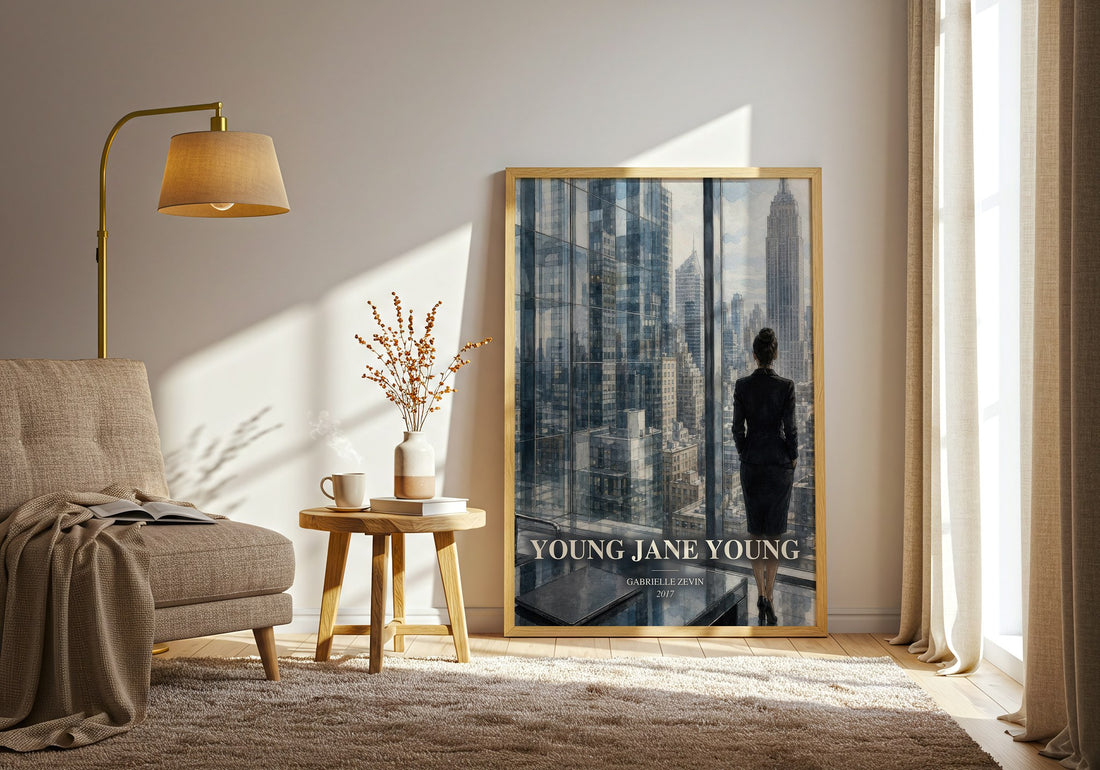 Young Jane Young watercolour print in frame leaning in hallway – contemporary fiction wall art (mockup)