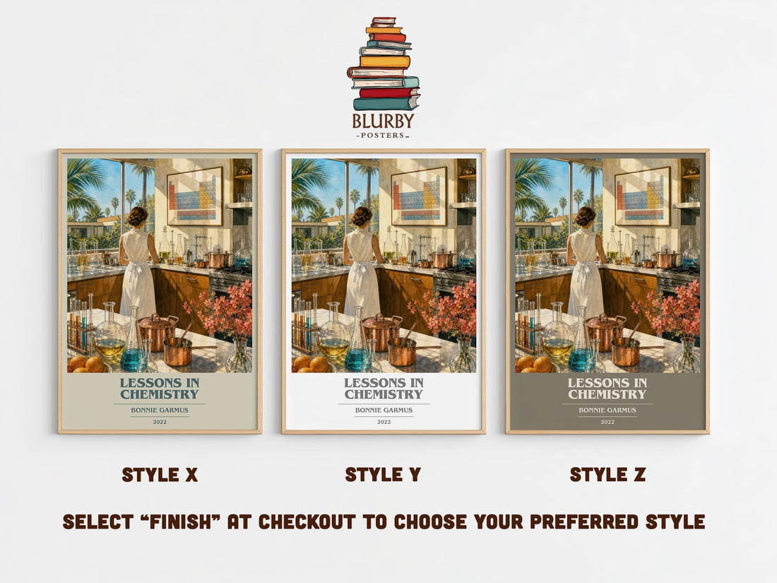 Lessons in Chemistry book cover print in frame leaning in hallway – contemporary fiction wall art (mockup)