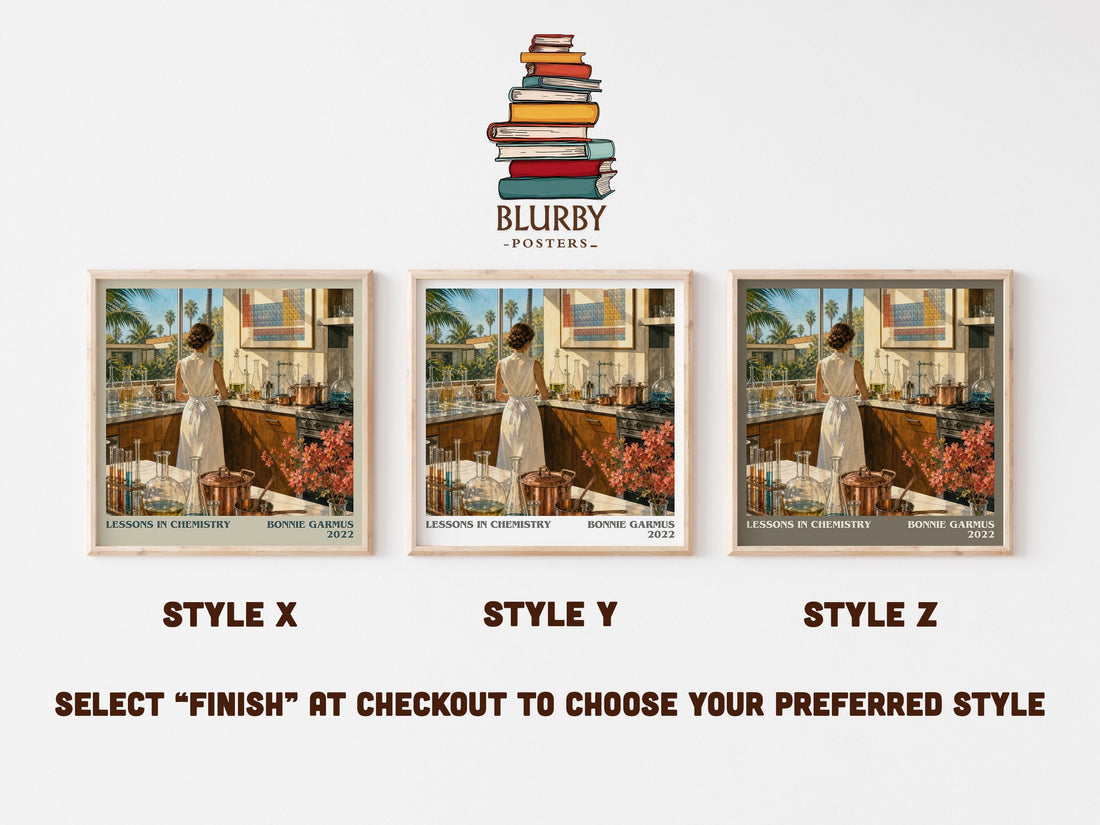 Lessons in Chemistry literary print in frame leaning in hallway – contemporary fiction wall art (mockup)