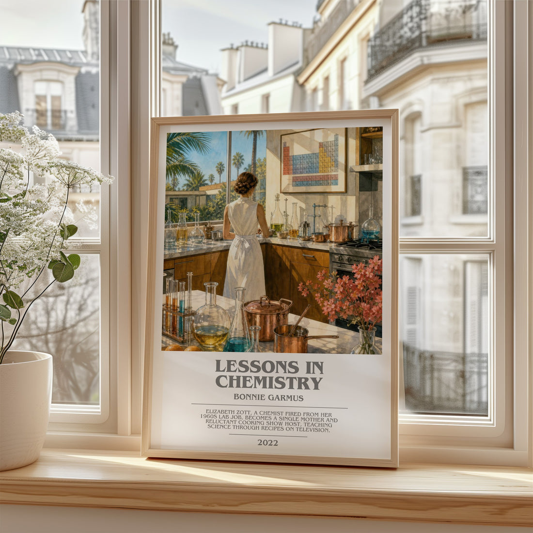 Lessons in Chemistry bookish poster colour and style options – Bonnie Garmus book art